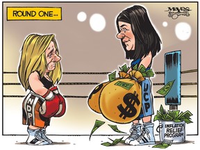 Rachel Notley menghadapi petinju Danielle Smith dan program Bantuan Inflasinya.