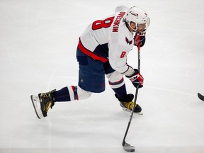 Washington Capitals Alex Ovechkin (8) fires the puck on the Edmonton Oilers during second period NHL action on March 9, 2022, in Edmonton.