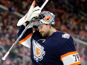 Edmonton Oilers goaltender Stuart Skinner (74) during second period NHL action against the Los Angeles Kings at Rogers Place in Edmonton on Wednesday, November 16, 2022.