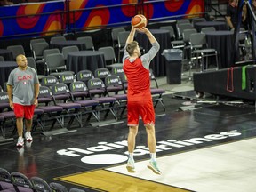 A member of Team Canada plays in the newly named Flair Airlines Hangar at the Edmonton Expo Centre on Thursday, Nov. 10, 2022, in preparation for a game against Team Venezuela as the fifth window of the FIBA Basketball World Cup 2023 Qualifiers begins in Edmonton.