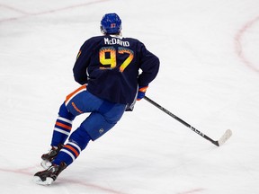 Edmonton Oilers Connor McDavid (97) wears a limited-edition Turtle Island jersey during the pre-game warmup on Monday, Nov. 28, 2022. in Edmonton. The jerseys were designed by Edmonton-based Indigenous artist Lance Cardinal. The jerseys will be auctioned off at a later date.