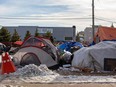 A homeless encampment is seen in central Edmonton, Nov. 20, 2022. Another 209 shelter spaces could soon open up in west Edmonton if city council finalizes the funding plans next week.