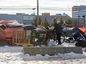 A homeless encampment is seen in Edmonton on Sunday, Nov. 21, 2022. 4B Harm Reduction Society and other advocates will protest outside city hall on Monday, calling for a better strategy to provide shelter over the winter.