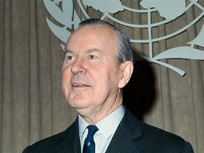 Canadian Prime Minister Lester Pearson photographed at the United Nations.