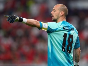 Milan Borjan of Canada gestures during the FIFA World Cup Qatar 2022 Group F match between Canada and Morocco at Al Thumama Stadium on December 01, 2022 in Doha, Qatar.