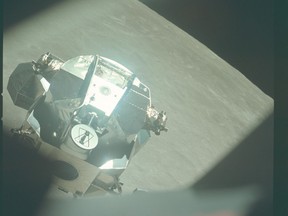Lunar module Snoopy is seen from the Apollo 10 command module in May of 1969.