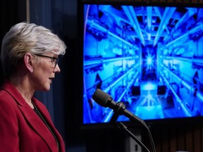 U.S. Secretary of Energy Jennifer Granholm announces a major scientific breakthrough in fusion research that was made at the Lawrence Livermore National Laboratory in California, during a news conference at the Department of Energy in Washington, Dec. 13, 2022.