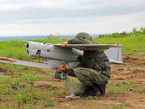An undated handout image of a Orlan 10 unmanned aerial vehicle (UAV) published by the Russian Defence Ministry.