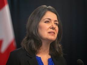 Alberta Premier Danielle Smith speaks at a news conference after the speech from the throne in Edmonton on Nov. 29, 2022.