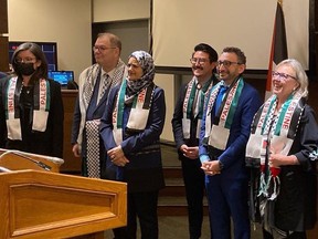 NDP MP Niki Ashton, Liberal MP Salma Zahid, Green Leader Elizabeth May, and Liberal MP Omar Alghabra attend the Nov. 29 event hosted by the Canada-Palestine Parliamentary Friendship Group.