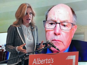 Alberta NDP Leader Rachel Notley, left, met virtually with economist David Dodge, former governor of the Bank of Canada, on Wednesday, Dec. 7, 2022, to warn about the ongoing damage to the Alberta economy from Alberta Premier Danielle Smith's sovereignty act.