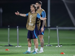 Croatia's midfielder Luka Modric takes part in a training session at the Al Erssal Training Site 3 in Doha on December 12, 2022, on the eve of the Qatar 2022 World Cup semi final football match between Argentina and Croatia.