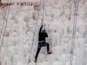 Lars Bjornstad climbs the Alpine Club of Canada Edmonton Section's Ice wall at the Edmonton Ski Club on Saturday, Dec. 17, 2022 in Edmonton.It was built to promote the sport of ice climbing to the Edmonton Area and service existing local ice climbers.
