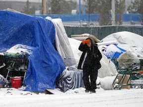 A homeless encampment near 95 Street and 106 Avenue in downtown Edmonton on November 30, 2022. At least three people have died at homeless encampments in Edmonton this month. The city activated its extreme weather response protocols on Wednesday, November 30, 2022. Temperatures are expected to dip to -18C degrees with -28C degree wind chill values.