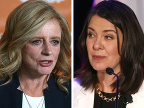 Pemimpin NDP Rachel Notley, kiri, dan Perdana Menteri Danielle Smith.