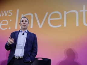 FILE - AWS CEO Andy Jassy discusses a new initiative with the NFL during AWS re:Invent 2019 in Las Vegas, on Dec. 5, 2019. Amazon CEO Jassy said Wednesday, Nov. 30, 2022, that the company does not have plans to stop selling the antisemitic film that gained notoriety recently after Brooklyn Nets guard Kyrie Irving tweeted out an Amazon link to it.