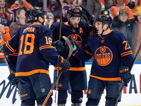 The Edmonton Oilers celebrate a goal against the Arizona Coyotes during first period NHL action at Rogers Place in Edmonton, Wednesday Dec. 7, 2022. Photo By David Bloom