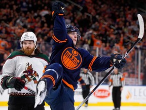 The Edmonton Oilers' Klim Kostin (21) celebrates a goal against the Arizona Coyotes during third period NHL action at Rogers Place in Edmonton, Wednesday, Dec. 7, 2022. The Oilers won 8-2.