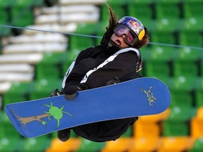 Valentino Guseli from Austria competes at the Style Experience F-I-S Snowboard Big Air World Cup event at Commonwealth Stadium in Edmonton on Saturday, Dec. 10, 2022.