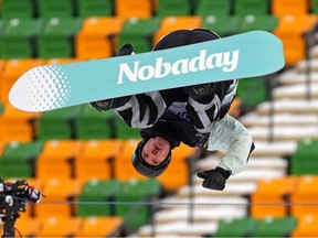 Kalle Jarvilehto from Finland competes at the Style Experience F-I-S Snowboard Big Air World Cup event at Commonwealth Stadium in Edmonton, Canada on Saturday December 10, 2022.