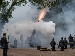 A 96-gun salute from 41 Canadian Brigade Group ended the proceedings at the Legislature this morning. Ceremony at the Alberta Legislature to honour the late Queen Elizabeth II on the day of her funeral in London.