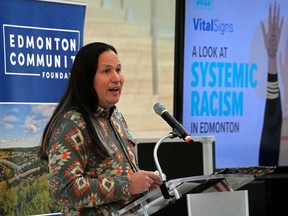 Lloyd Cardinal speaks at Edmonton City Hall on Thursday, December 1, 2022, where an independent report on systemic racism in Edmonton was released.