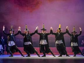 From left, Ali Arian Molaei, Scott Willits, Brayden Singley, James Jude Johnson, and Max Derderian in the North American Tour of Fiddler on the Roof.