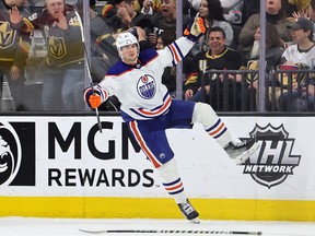 LAS VEGAS, NEVADA - JANUARY 14: Klim Kostin #21 of the Edmonton Oilers celebrates his second-period goal against the Vegas Golden Knights during their game at T-Mobile Arena on January 14, 2023 in Las Vegas, Nevada.