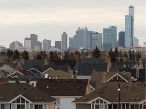 Homes and the city skyline is seen from the Griesbach neighbourhood in Edmonton on April 2, 2019.