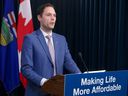 Affordability and Utilities Minister Matt Jones provides an update on $600 support payments coming to some families and seniors during a news conference at the Alberta legislature on Monday, Jan. 9, 2023. 

