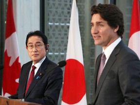 Prime Minister Justin Trudeau and Japanese Prime Minister Kishida Fumio hold a news conference in Ottawa on January 12, 2023.
