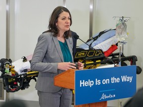 Premier Danielle Smith speaks during a press conference on a new initiative to use alternative modes of transportation for non-emergency transfers to hospital. The goal is to help free up paramedics and ambulances for emergency calls. The announcement took place in a training lab at the Cal Wenzel Precision Health Building next to the Foothills Hospital on Wednesday, December 21, 2022.
Gavin Young/Postmedia