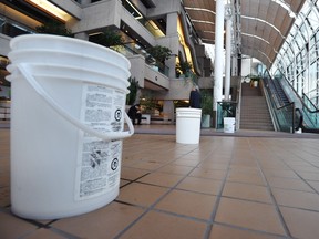 For years, buckets were a common sight in the Edmonton courthouse, used to catch water from the leaky atrium. The problem wasn’t fixed until 2019, when the Alberta government built a new atrium connecting the two buildings.