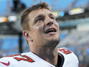 Tampa Bay Buccaneers tight end Rob Gronkowski leaves field after their win against the Carolina Panthers in an NFL football game Sunday, Dec. 26, 2021, in Charlotte, N.C. Gronkowski has made a habit of coming up big on Super Bowl Sunday and fellow former tight end Luke Willson doesn't see that changing Feb. 12.THE CANADIAN PRESS/AP-/Rusty Jones