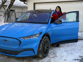 Janina Strudwick with her fully electric 2022 Ford Mustang Mach E4X, with California Route 1 trim, all wheel drive and extended range battery.