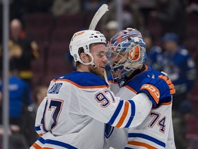 Connor McDavid and Stuart Skinner celebrate yet another Edmonton Oilers' victory