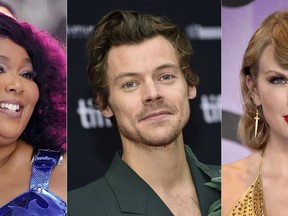 This combination of photos show Lizzo performing on NBC's "Today" show in New York on July 15, 2022, left, Harry Styles at the premiere of "My Policeman" during the Toronto International Film Festival on Sept. 11, 2022, center, and Taylor Swift at the American Music Awards in Los Angeles on Nov. 20, 2022. Lizzo, Styles, and Swift lead the 2023 iHeartRadio Music Awards nominations with seven nods each. (AP Photo)