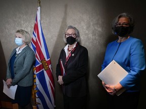 B.C. Provincial Health Officer Dr. Bonnie Henry, from left to right, Carolyn Bennett, federal minister of Mental Health and Addictions, and B.C. Minister of Mental Health and Addictions Jennifer Whiteside stand together during a news conference in Vancouver, on Monday, Jan. 30, 2023.