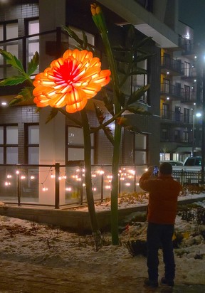 The public art installation at night.