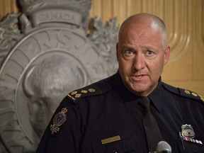 Regina Police Service Chief Evan Bray speaks during a press conference at RCMP "F" Division Headquarters in Regina on Monday, Sept. 5, 2022. Bray had information to believe the suspect in a mass killing was not in the city the day before Myles Sanderson was taken into custody nearly 300 kilometres north of the province's capital.
