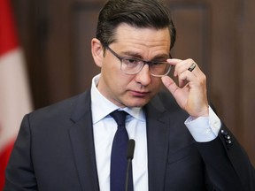 Conservative leader Pierre Poilievre holds a press conference on Parliament Hill in Ottawa on Tuesday, Jan. 10, 2023. Poilievre called for a parliamentary probe into the contracts awarded to consulting firm McKinsey by the federal government. Last week, a Radio-Canada report uncovered that the Trudeau government had spent more than $84 million between March 2021 and November 2022 on contracts awarded to the consulting firm.