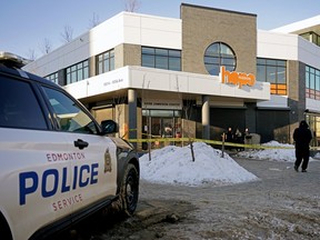 Police were investigating a suspicious death outside Hope Mission's Herb Jamieson Centre emergency shelter in Edmonton on Monday, Jan. 2, 2023.