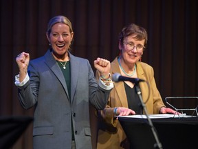 Sarah McLachlan and Dr. Annette Trimbee, MacEwan President and vice-chancellor, sign a Memorandum of Understanding as MacEwan University welcomes The Sarah McLachlan School of Music on January 24, 2023 in Edmonton.