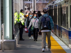 Passengers at the Health Sciences/Jubilee LRT station on Thursday, April 28, 2022 in Edmonton.