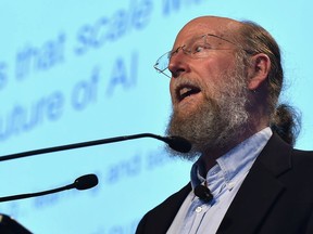 Dr. Richard Sutton, a pioneer in artificial intelligence and distinguished Research Scientist with Google DeepMind and professor of computer science with AMII University of Alberta, speaking at the Shaw Conference Centre in Edmonton, April 24, 2018.