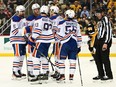 Ryan Nugent-Hopkins #93 of the Edmonton Oilers celebrates with teammates after scoring a goal in the second period during the game against the Pittsburgh Penguins at PPG PAINTS Arena on February 23, 2023 in Pittsburgh, Pennsylvania.
