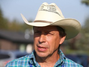 Todd Loewen speaks to media during a quiet stampede themed pancake breakfast at Rutland Park Community Centre in Calgary on Tuesday, July 13, 2021.