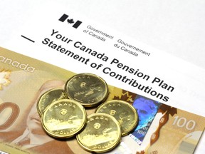 A Canada Pension Plan Statement of Contributions with a 100 dollar banknote and dollar coins.