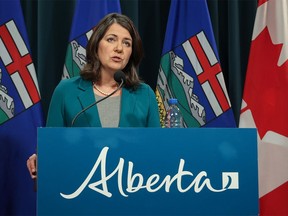 Alberta Premier Danielle Smith speaks during a media press conference in Calgary on Thursday, February 9, 2023.