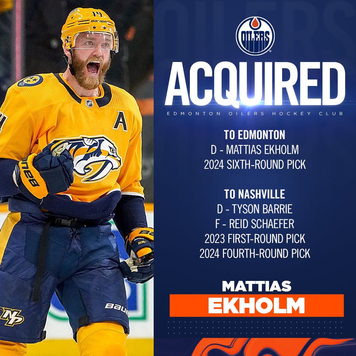 Edmonton Oilers Acquire Mattias Ekholm From Nashville Predators For ...